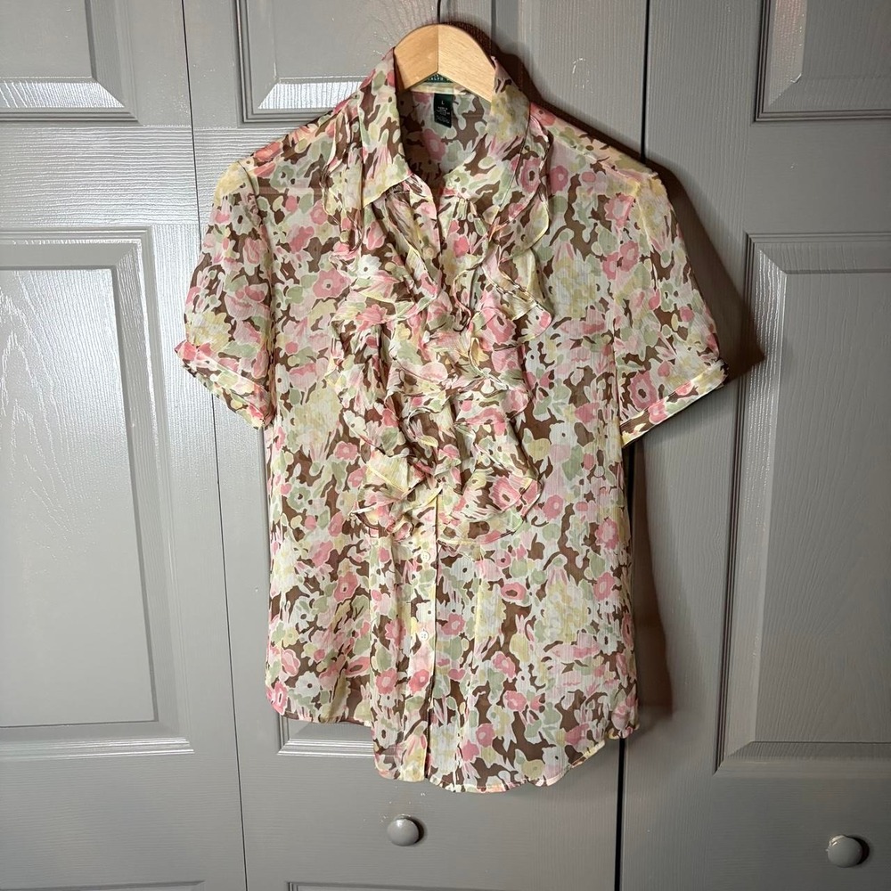 Lauren Ralph Lauren Pink Floral Ruffle Button Up Shirt Short Sleeve Women Size L